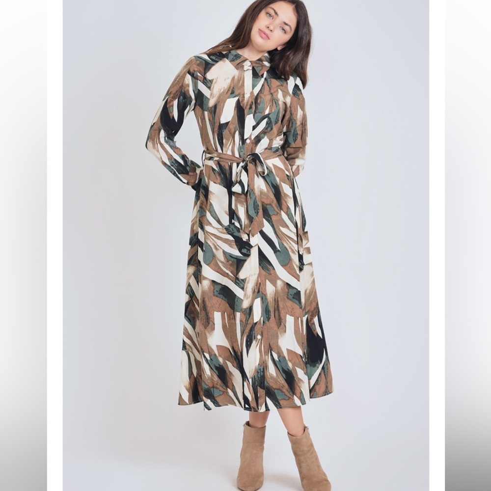 Olive neutral all over pattern texture button down midi Dress loose fit NWT Lrg